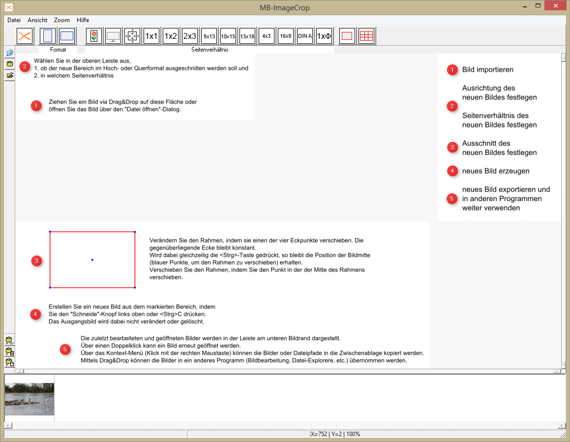 Hauptbildschirm mit einer einführenden Beschreibung von MB-ImageCrop